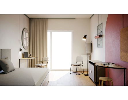 Hospitality design by Studio Königshausen. The FIZZ Student hotel rooms enrich living experiences all over Europe. We crafted versatile furniture and a cost-efficient concept adaptable to various locations, enhancing comfort and style while complementing each space's ambience. 